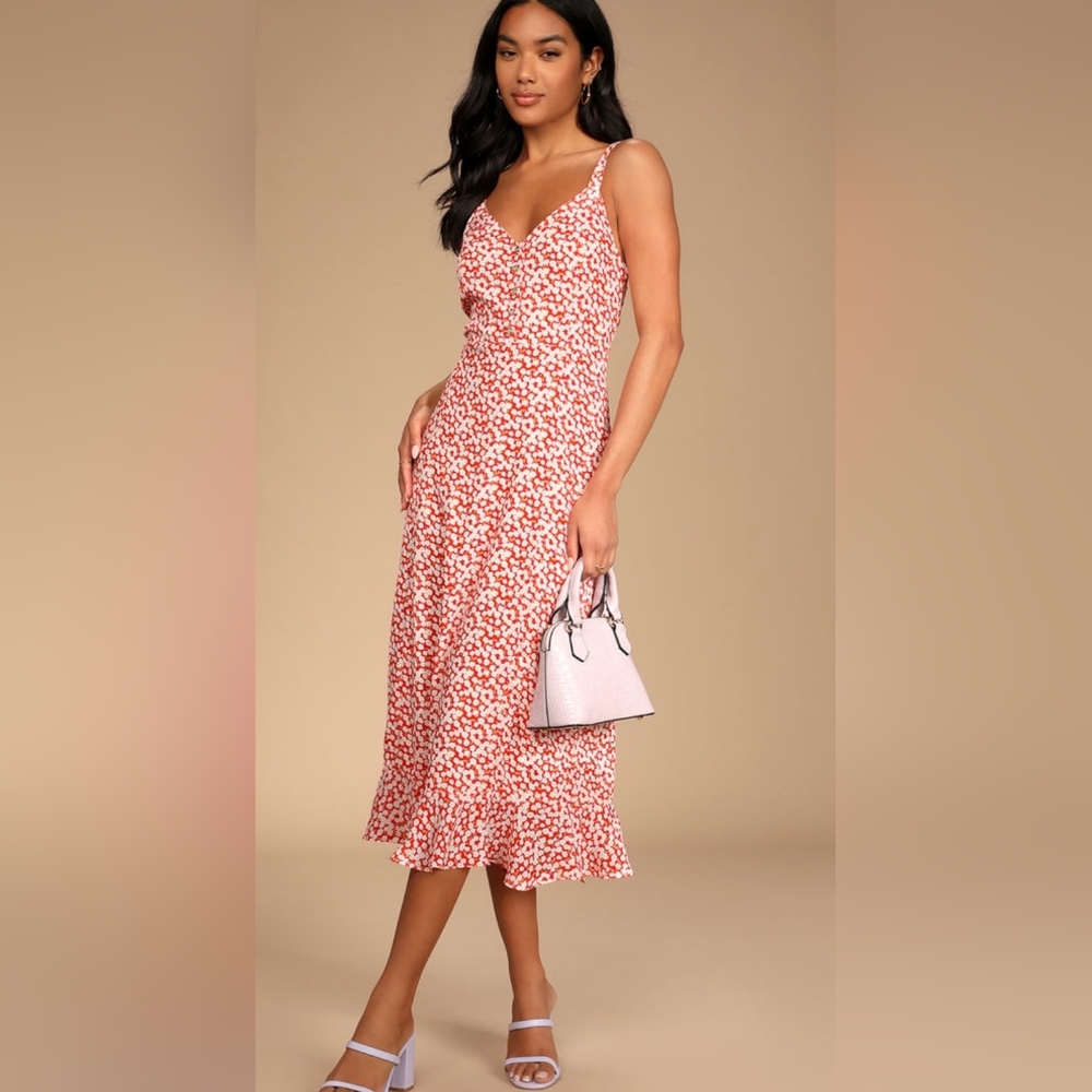 Lulu’s Red Floral Print Midi Dress Size Medium